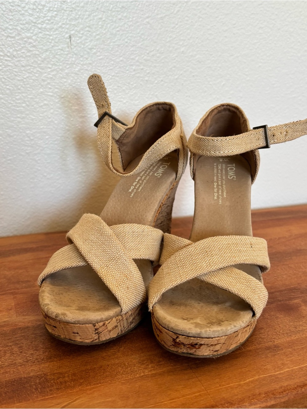TOMS Tan Canvas Crisscross Wedge Sandals with Ankle Strap